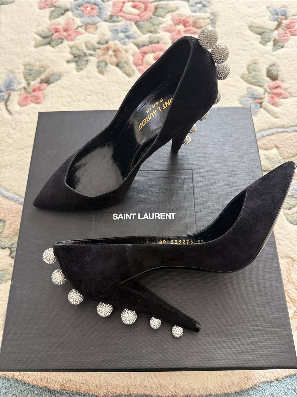 NIB Saint Laurent Black Suede Pumps with Crystal Orb Heel Embellishments